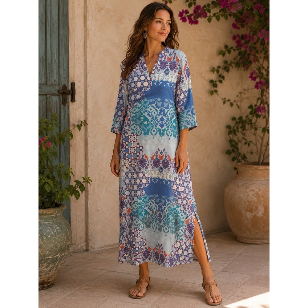 Natori Abstract Floral Blue Kaftan Maxi Dress Womens S Satin Lounge Resort Beach